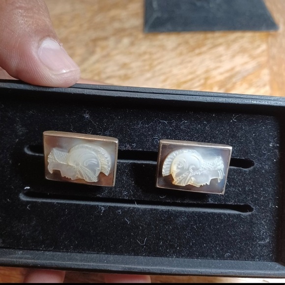 VINTAGE STERLING SILVER MOTHER OF PEARL MOP CAMEO CUFFLINKS. - Picture 1 of 8
